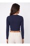 Navy Blue Stretchy Textured Crew Neck Long Sleeve Cropped Form Ribbon Detailed Knitted Blouse - 3