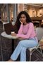 Pink Corduroy Crew Neck Long Sleeve Crop Blouse with Drawstring Detail on the Sides