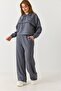 Gray Modal Fabric Stretchy Textured High Waist Wide Leg Comfortable Cut Sweatpants with Pockets - 2