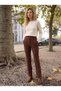 Coffee Crepe Fabric High Waist Button Detailed Spanish Flare Slim Fit Steel Knitted Trousers