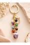 Natural Stone Chakra Keychain Steel Chain, Faceted Cut Stone 8mm Amethyst Pointed 15mm