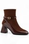 Women's Brown Heeled Boots – Patent Leather Detail, Suede Look, Thin Belt Buckle, 6.5 cm Heel