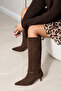 Fall Kitten Heel Below-The-Knee Pointed Toe Piping Tape Detail Matte Leather Women's Boots Bitter Brown Suede - 3