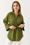 Khaki Stretchy Textured Layered Sleeve Detailed Comfortable Form-Fitting Shirt with Adjustable Waist and Buttons