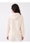 Ecru Cotton Plush Textured Hooded Collar Embroidered Sweatshirt with Kangaroo Pocket - 3