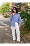 Navy Blue Woven Fabric Shirt with Collar, Drop Shoulder, Oversized Striped Cuffs, Buttoned Shirt