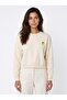 Cream Cotton Blend Crew Neck Long Sleeve Sweatshirt with Ribbed Cuffs and Embroidery Detail