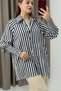 Navy Blue Shirt with Collar, Long Sleeves, Oversized Cuff Detail, Buttoned Striped Shirt - 3