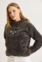 Smoked Plush Textured Hooded Collar Embroidered Kangaroo Pocket Cotton Sweatshirt - 4