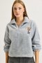 Gray Welsoft Soft Textured Stand Collar Comfortable Cut Sweatshirt with Chest Embroidery and Half Zipper Detail