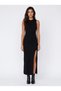 Black Knitwear Stretchy Textured Crew Neck Sleeveless Side Slit Comfortable Fit Knitted Dress - 2