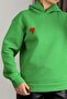 Green Three-Thread Embroidered Fabric Hooded Comfortable Fit Sweatshirt with Heart Embroidery Detail - 3