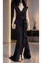 Women's Black Crepe Fabric Double Breasted Neckline Skirt Flounced Evening Dress Graduation Wedding Dress - 2