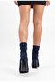 Women's Pointed Toe Back Zipper Navy Blue Suede Thick Heeled Stretch Boots - 3