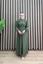Mi̇ne Elbi̇se Strawberry Fabric Gathered Waist Balloon Sleeve Long Hijab Dress Khaki Green - 3