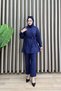 Semra Trouser Suit Megan Fabric Women's Navy Blue Cross Button Detailed Waist Belted Trouser Two-Piece Suit - 3