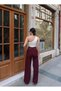 Double Fabric Wide Leg Belted Trousers — Burgundy - 3