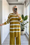 Women's Oil Green Striped Standard Size Knitwear Tunic Sweater-Pants Top-Down Double Set - 3