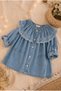 Baby Girl Floral Embroidered Wide Collar Denim Dress - 4