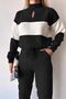 Black Knitwear Tracksuit Set - Stand Collar, Stripe Block, Tight Knitted Bc231006 - 4