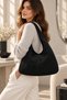 Original Women's Suede Luxury Soft Leather Vintage Model Zippered Large Volume Tote Bag with Main Compartment and Inner Pocket Shopper Modern City Style Comfortable Thick Strap Daily Stylish Hand and Shoulder Bag - Black - 2