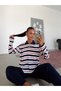 Polo Neck Striped Sweatshirt - Navy Blue - 4