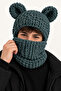 Men's Puffy Balaklava with Ears Knitted Hood Neck Collar Pearl Grey Winter Beanie Scarf
