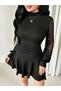 Women's Turtleneck Sleeves Pearl and Tulle Detailed Draped Mini Sandy Dress - 8