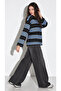 Women's Black Blue White Striped Crew Neck Oversize Sweatshirt - 3
