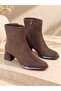 Women's Bitter Brown Suede 5 cm Block Heeled Blunt Toe Zippered Stylish Socket Boots - 4