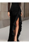 Women's long sleeve turtleneck tulle detailed front asymmetrical ruffle detailed long janjan crepe dress - 3