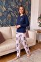 Navy Blue Winter Patterned Sofia Long Sleeve Knitted Women's Pajama Set - 6