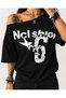 Women's Boat Neck 6 Printed Oversize Black T-Shirt