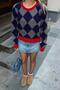 Navy Blue Nomi Baklava Pattern Wool Crew Neck Women's Knitwear Short Sweater - 4