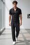 Men's Black-White Ribbed Lisbon Collar T-Shirt Double Ribbed Sweatpants Casual Combination Set