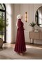 Burgundy Pleated Evening Dress with Hijab - 3