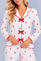 Women's White Strawberry Patterned Red Bow Detailed Long Sleeve Pajama Set - 5