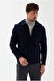 Bergamo Men's Navy Blue Snap Button Polo Collar Short Cashmere Coat Slim Fit - 3