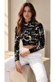 Women's Black Marble Pattern Stand Collar Long Sleeve Viscose Fabric Crop Blouse - 6