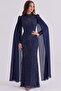 Exclusive Hijab Evening Dress with Bead and Pearl Patterned Cape Detail Dark Blue 1114-Y - 4