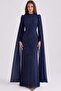 Exclusive Hijab Evening Dress with Bead and Pearl Patterned Cape Detail Dark Blue 1114-Y - 5