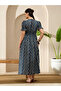 Navy Blue Geometric Print Smocked Maxi Dress with Puff Sleeves - 8