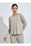 Brown Ribbed Knit V-Neck T-Shirt and Straight Leg Pants Pyjama Set - 2