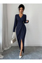 Navy Blue Embellished A-Line Maxi Dress with Long Sleeves - 7
