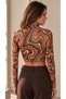 Women's Coffee Cream Patterned High Neck Long Sleeve Cropped Blouse - 8