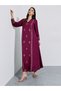 Burgundy Long Sleeves V-Neck Maxi Jalabiya with Gold Tone Print - 3