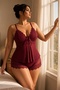 Plus Size Lace Low-Cut Polka Dot High Waist Shorts Blouse Set - 2