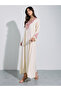 Cream Embroidered Long Sleeves V-Neck Maxi Jalabiya with Solid Scarf - 2