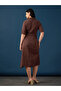 Brown Textured A-Line Midi Dress with Belt - Short Sleeves - 8
