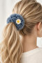 Set of 3 Daisy Detailed Plush Rubber Hair Clips (Beige, Powder, and Blue) - 3